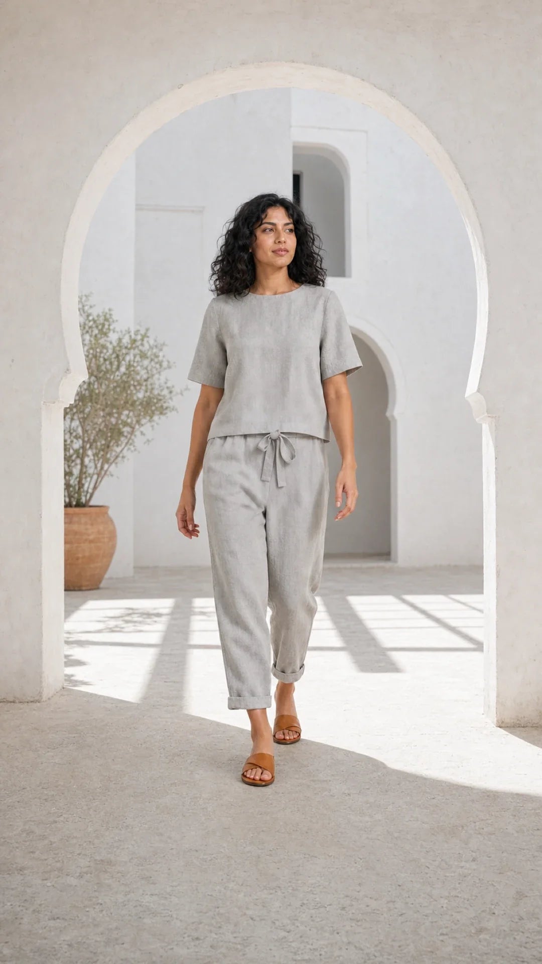 Ensemble été grège gris à la Casbah — nœud naturel et discret