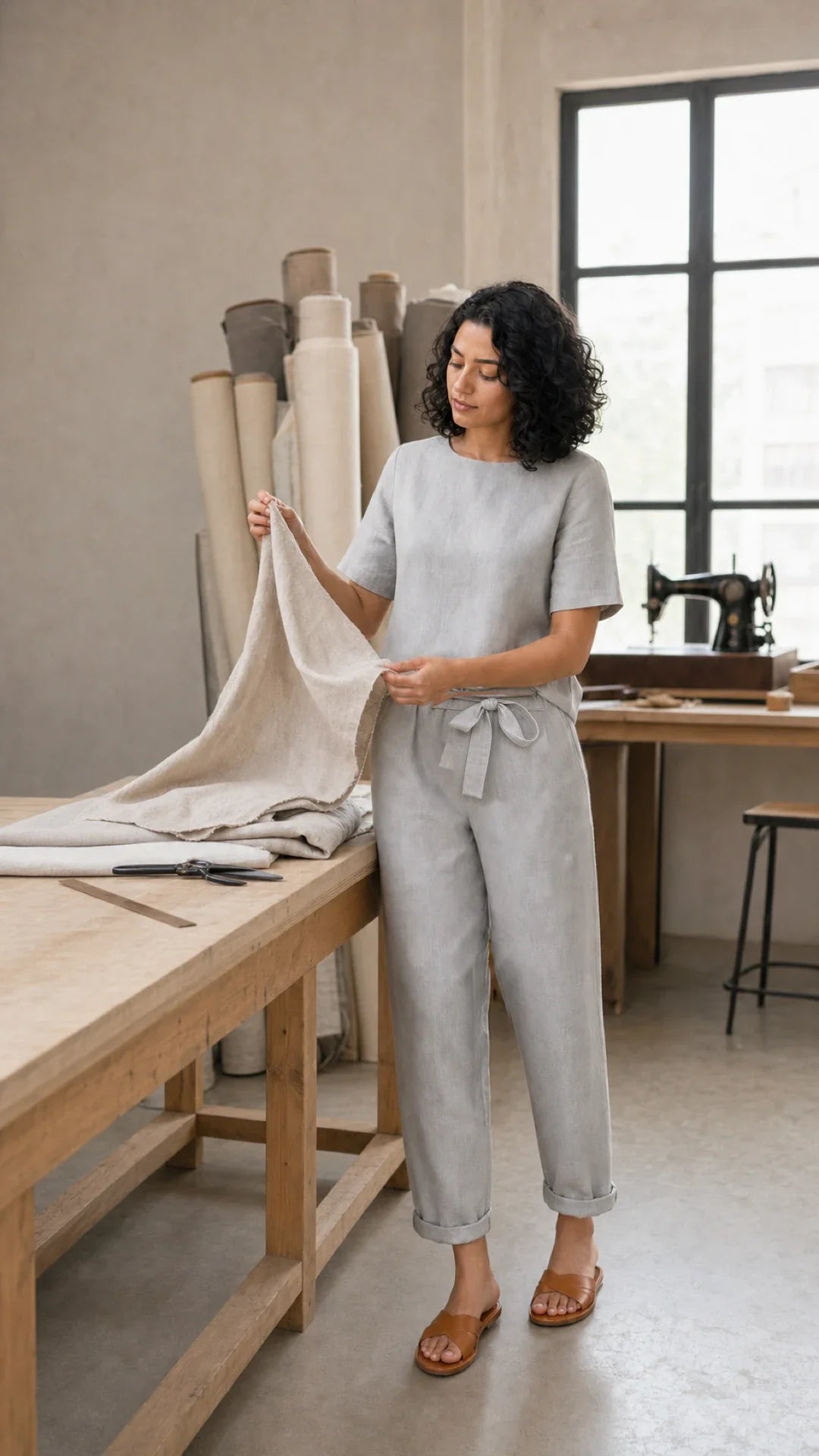 Ensemble été grège gris dans un atelier de lin — détail du nœud