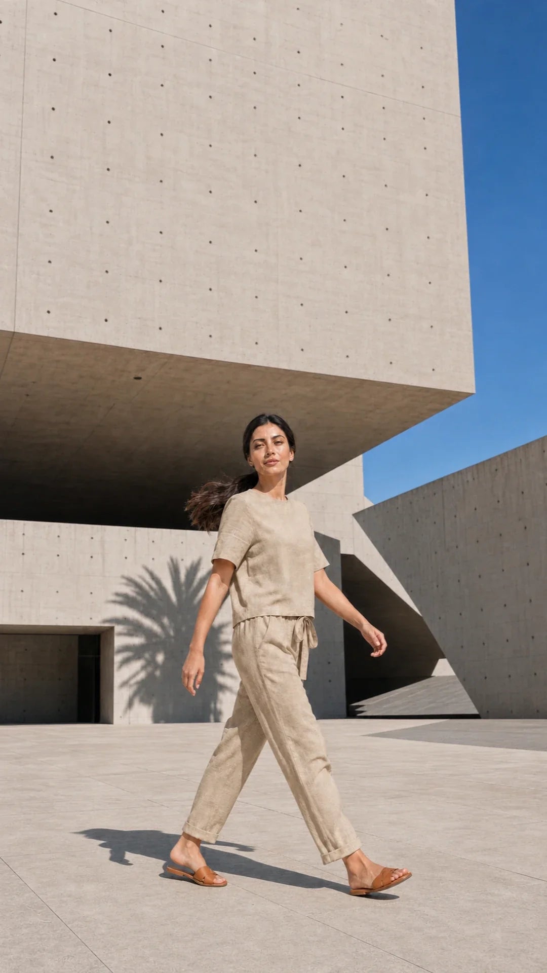 Ensemble été beige sable dans un musée moderne — tenue en lin