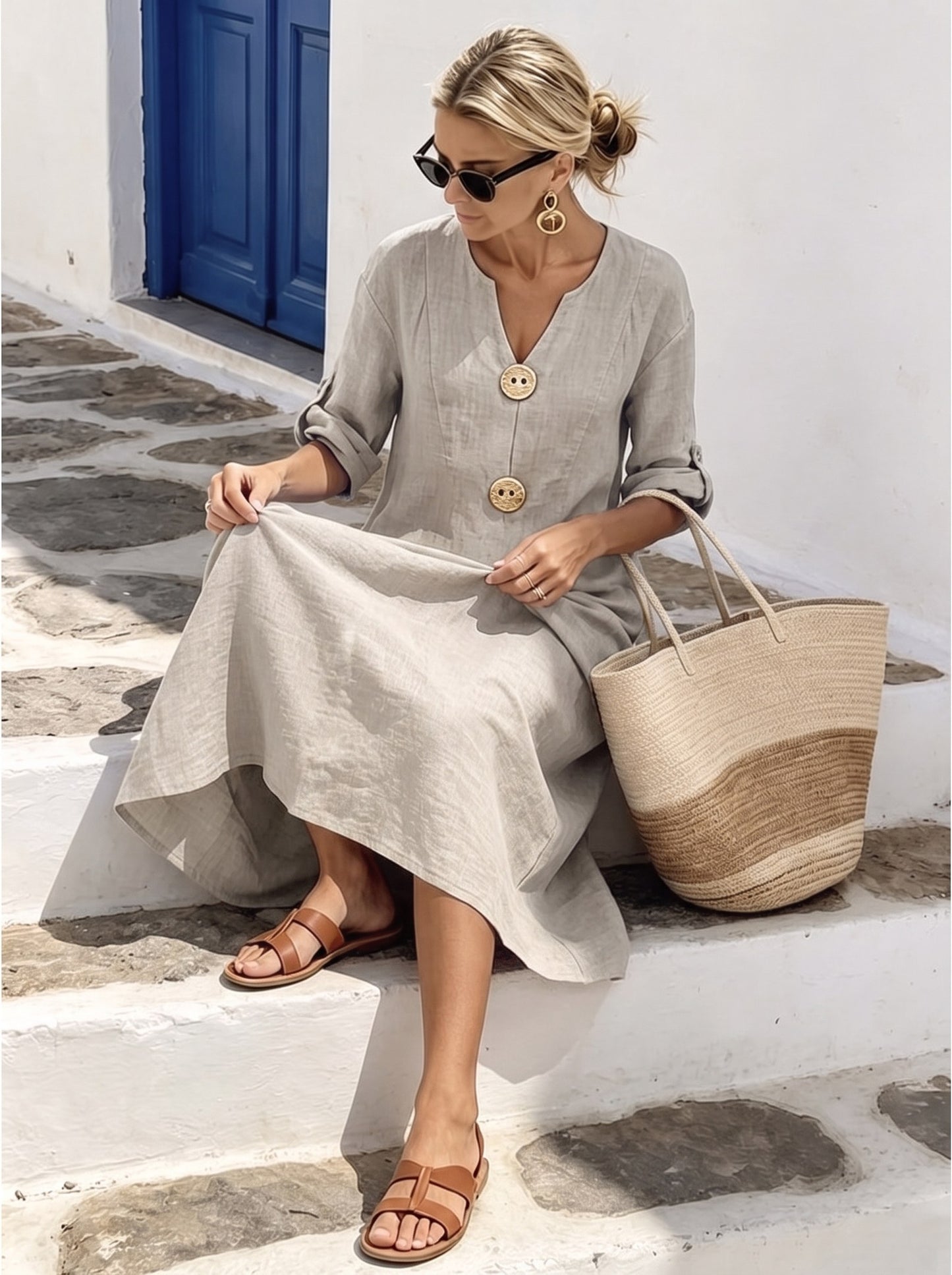 Robe Emery beige avoine portée avec sandales et sac en paille