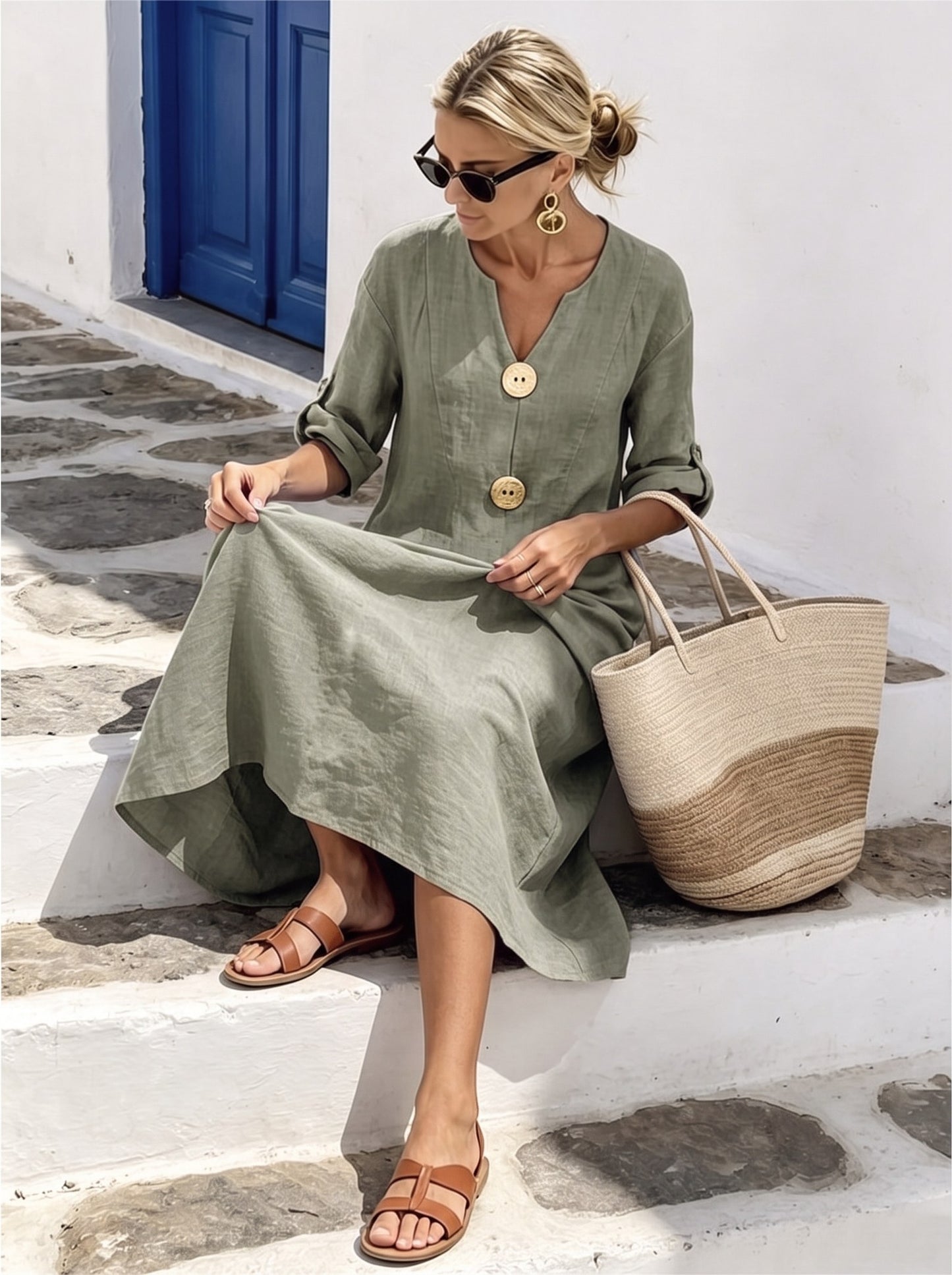Robe Emery vert sauge portée avec sandales et sac en paille
