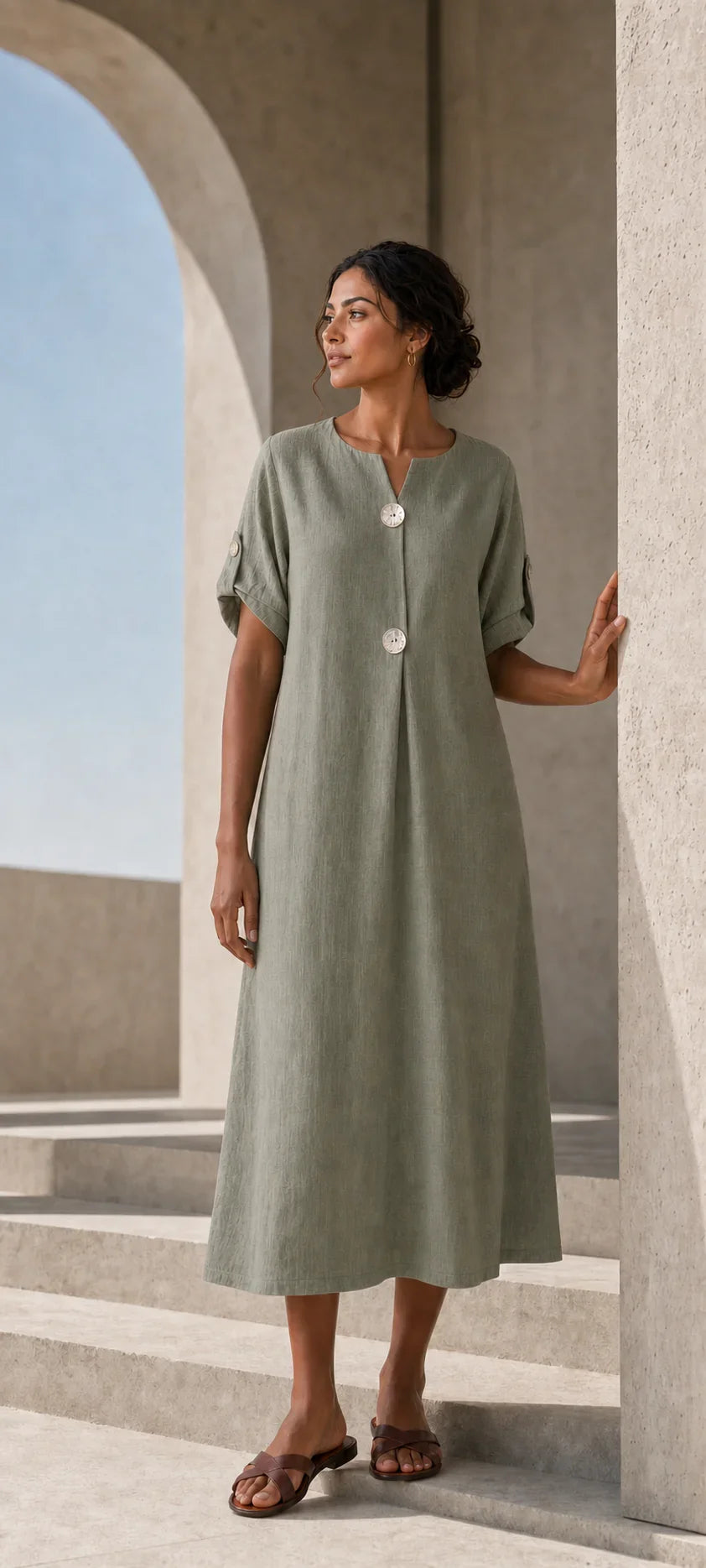 Robe Emery vert sauge dans une architecture contemporaine