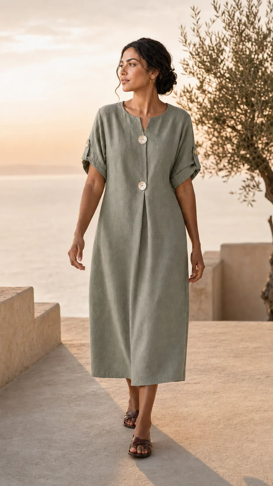 Robe Emery vert sauge, silhouette midi en lumière dorée