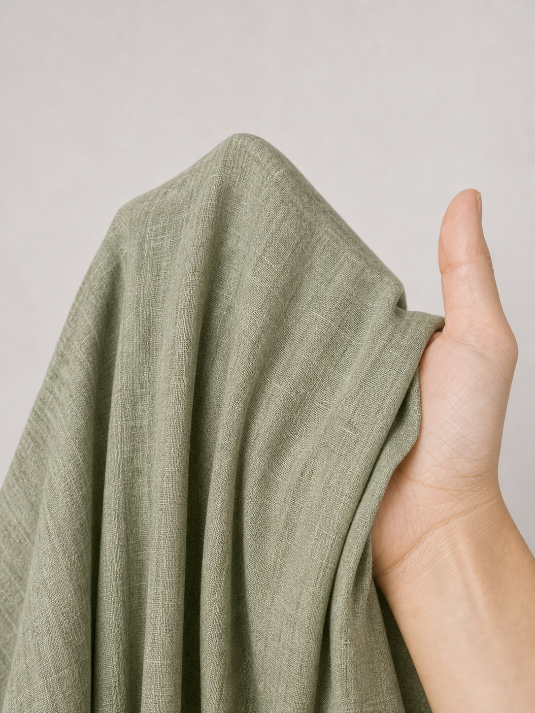Drapé du tissu vert sauge de la Robe Emery présenté en main